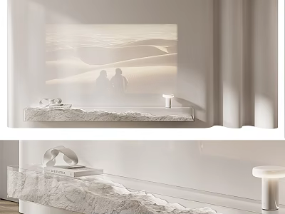 White TV Stand With Stone Texture And Projection Silhouettes In Modern Living Room 3d model