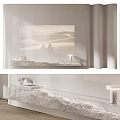 White TV Stand With Stone Texture And Projection Silhouettes In Modern Living Room