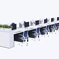 Modern Long Office Work Desk Setup With Multiple Computer Monitors Blue Chairs And Plants 3d model