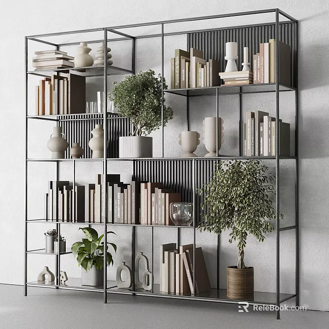 Modern Minimalist Shelving Unit With Books Decorative Plants Vases And Sculptures 3d model 