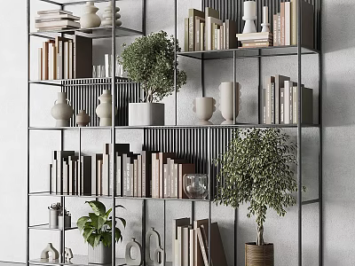 Modern Minimalist Shelving Unit With Books Decorative Plants Vases And Sculptures 3d model