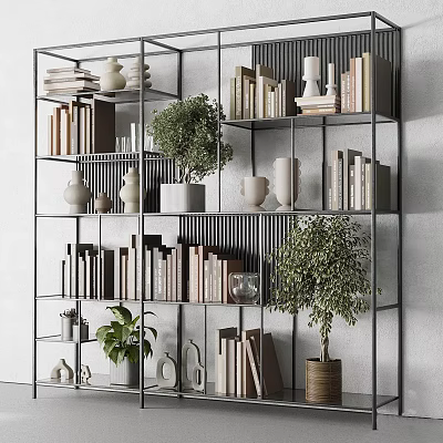 Modern Minimalist Shelving Unit With Books Decorative Plants Vases And Sculptures 3d model