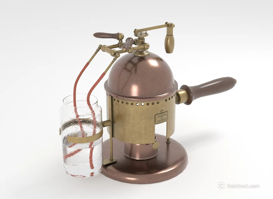 Copper Industrial Distillation Equipment With Metal Pipes Glass Container Liquid Wooden Handle And Circular Base 3d model 