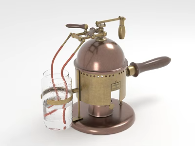 Copper Industrial Distillation Equipment With Metal Pipes Glass Container Liquid Wooden Handle And Circular Base 3d model