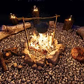 Outdoor Nighttime Campfire Scene With Stone Circle Wooden Stumps And Lit Lanterns