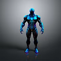 Game Movie Character In Futuristic Tech Armor With Blue Black Shiny Metallic Design