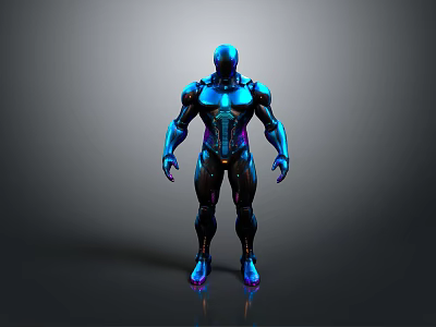 Game Movie Character In Futuristic Tech Armor With Blue Black Shiny Metallic Design 3d model