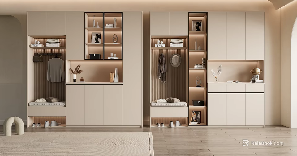 Modern Home Shoe Cabinet Design With Open Shelves Lighting And Storage Hooks 3d model 