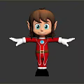 Cute 3D Cartoon Elf Character With Brown Hair Blue Eyes White Gloves And Red Jumpsuit