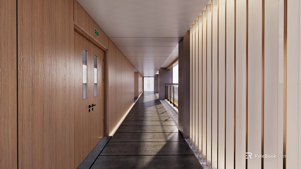 Modern Elevator Hallway Interior With Wooden Walls Doors And Natural Light 3d model 