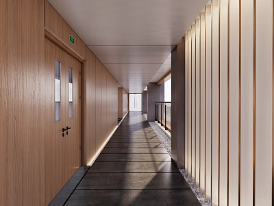 Modern Elevator Hallway Interior With Wooden Walls Doors And Natural Light 3d model
