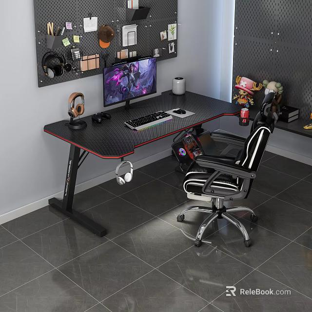 Modern Gaming Desk Setup With Monitor Game Display Keyboard Mouse Headphones And Ergonomic Chair 3d model 