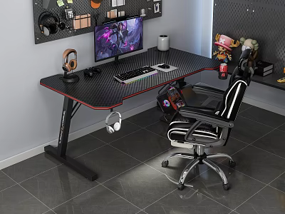 Modern Gaming Desk Setup With Monitor Game Display Keyboard Mouse Headphones And Ergonomic Chair 3d model