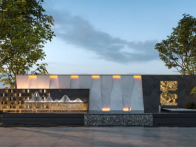 Modern Building Exterior Wall Design With Stone Cladding Lighting And Geometric Patterns 3d model