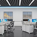 Bright Modern Public Office Space With Desks Computer Monitors Office Chairs And Linear Ceiling Lights 3d model