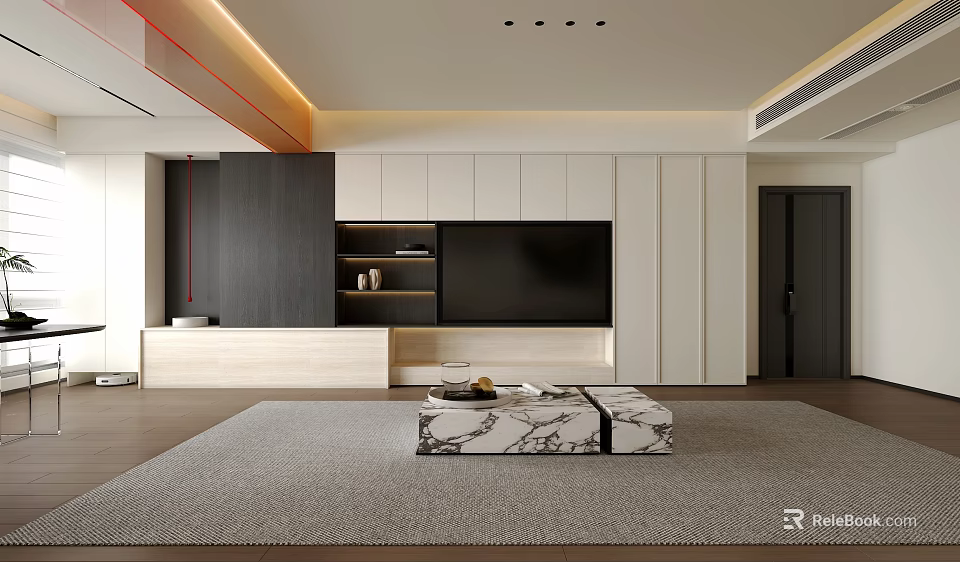 Modern Living Room Interior With TV Wall Cabinets Coffee Table And Area Rug 3d model 