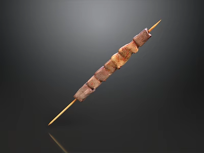 Tender Grilled Meat Skewer with Juicy Charred Pieces on Bamboo Stick 3d model