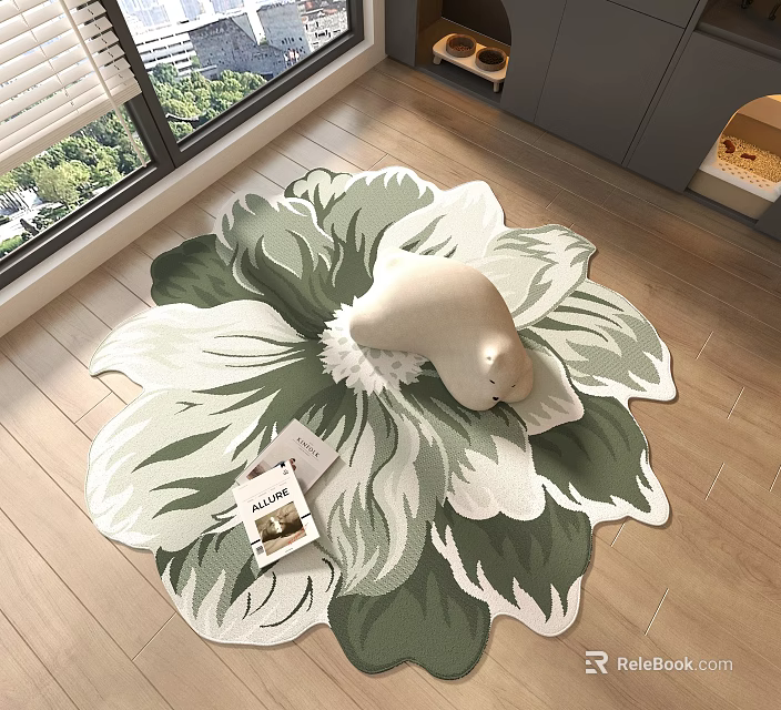 Green And White Flower Shaped Decorative Carpet With Pillow And Book On Wooden Floor 3d model 