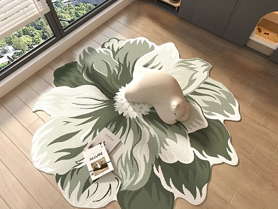 Green And White Flower Shaped Decorative Carpet With Pillow And Book On Wooden Floor 3d model