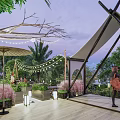 Garden Landscape Design with Outdoor Terrace Green Plants String Lights and Seating