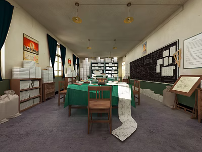 Traditional Meeting Room Interior With Long Green Table Wooden Chairs And Blackboard 3d model