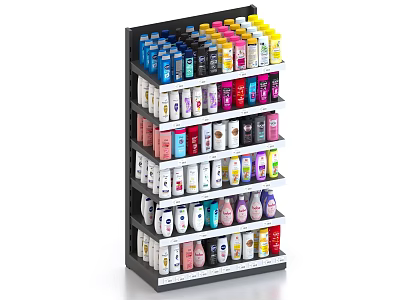 Organized Household Products Display Shelf With Colorful Bottles And Multiple Layers 3d model