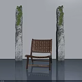 Swing Door In Interior Space With Moss Covered Stone Pillars And Woven Chair