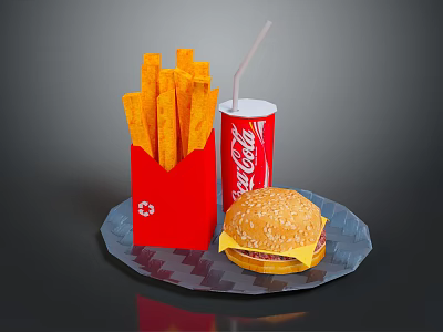 Cheeseburger With Sesame Bun Red Packaged French Fries And Coca Cola Drink With Straw On Paper Plate 3d model