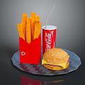 Cheeseburger With Sesame Bun Red Packaged French Fries And Coca Cola Drink With Straw On Paper Plate