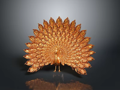 Golden Peacock Sculpture With Fanned Tail Feathers And Dark Background Reflection 3d model