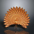 Golden Peacock Sculpture With Fanned Tail Feathers And Dark Background Reflection