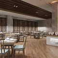 Modern Restaurant Interior With Wooden Ceiling Hanging Pendant Lights And Neatly Arranged Dining Tables