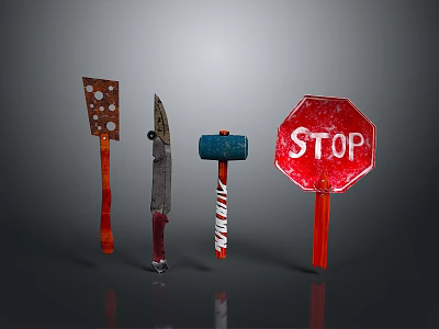 Still Life Tool Collection With Perforated Spatula Knife Hammer And Red Stop Sign 3d model