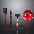Still Life Tool Collection With Perforated Spatula Knife Hammer And Red Stop Sign