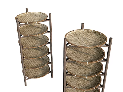 Woven Multi Tier Storage Shelves With Round Rattan Trays For Home Organization 3d model