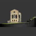 Cartoon Scenery Featuring Brown Building Red Roof Arched Windows Green Grass Stone Steps Circular Base