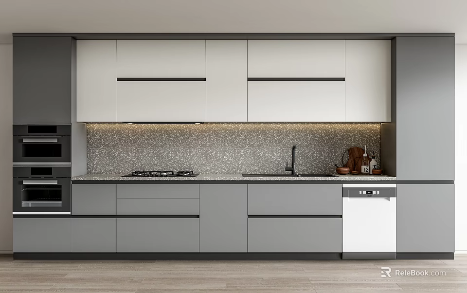 Modern Kitchen With Sleek White And Gray Upper Lower Cabinets Countertop Backsplash And Appliances 3d model 