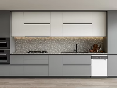 Modern Kitchen With Sleek White And Gray Upper Lower Cabinets Countertop Backsplash And Appliances 3d model