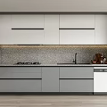 Modern Kitchen With Sleek White And Gray Upper Lower Cabinets Countertop Backsplash And Appliances
