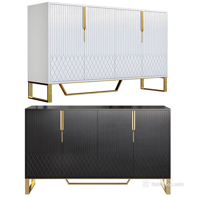 Modern Entryway Console Cabinet With White Black Finish Gold Metal Legs And Diamond Pattern Texture 3d model 