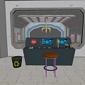 Modern Space Station Control Room With Console Screens Red Button And Stool 3d model