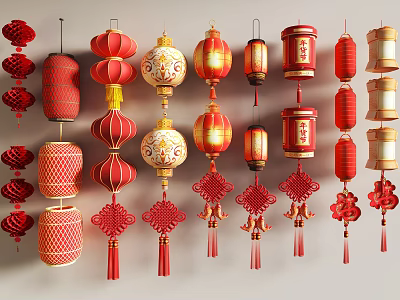 Various Traditional Chinese Red Lanterns And Knots Decorative Ornaments 3d model