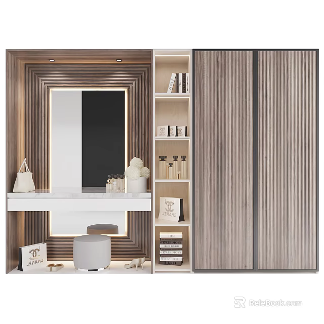 Modern Wooden Wardrobe Design With Dressing Table Mirror And Bookshelf Storage 3d model 
