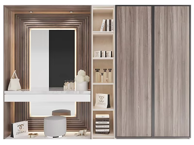 Modern Wooden Wardrobe Design With Dressing Table Mirror And Bookshelf Storage 3d model