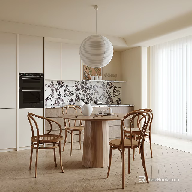 Modern Restaurant Interior With Wooden Dining Table Woven Chairs Pendant Light And Patterned Backsplash 3d model 