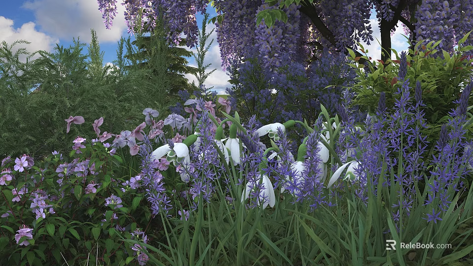 Blooming Purple Wisteria and White Snowdrops in Garden with Green Grass and Shrubs 3d model 