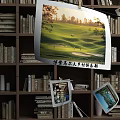 Wooden Bookshelf Interior With Stacked Books And Hanging Decorative