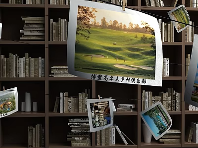 Wooden Bookshelf Interior With Stacked Books And Hanging Decorative 3d model