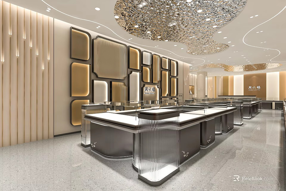 Luxurious Jewelry Store Interior Design With Glass Display Counters And Ambient Lighting Decor 3d model 