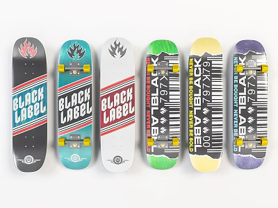 Black Label Skateboard Decks With Various Assorted Colorful Designs And Graphics 3d model